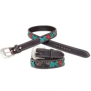 Embroidered Floral Brown Leather Belt with Turquoise & Red Accents